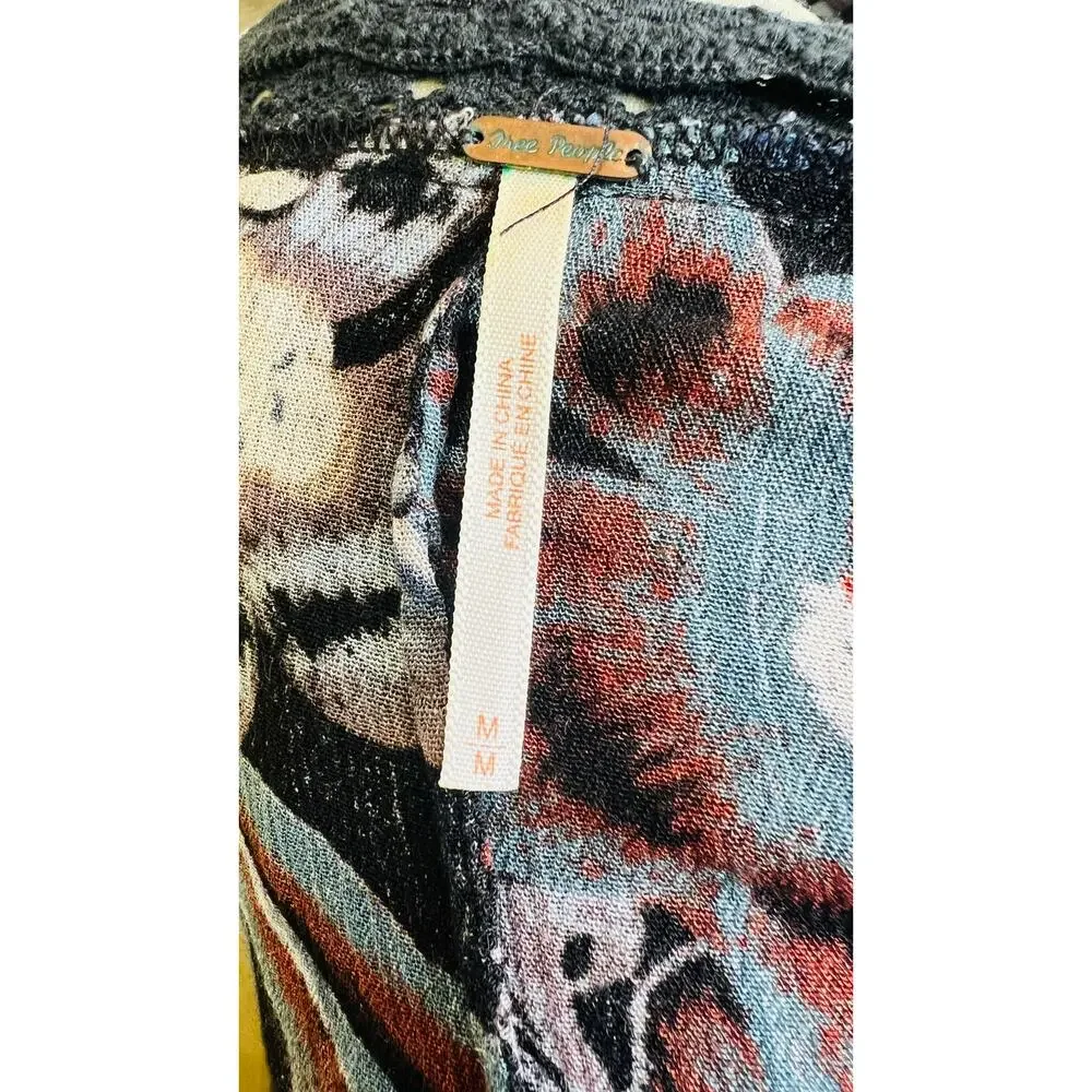 Free People M Boho Floral Velvet Lace Trim Kimono Jacket Cottagecore Festival - Picture 4 of 4